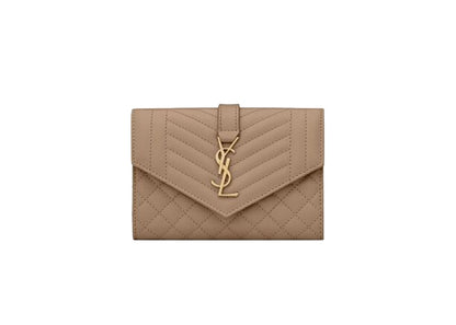 Saint Laurent Small Envelope Wallet In Mix Matlasse Grand de Purse Embossed Leather Dark Beige