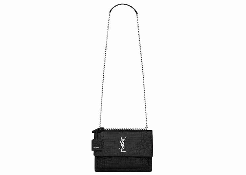Saint Laurent Sunset Crocodile Embossed Shiny Leather Medium Black
