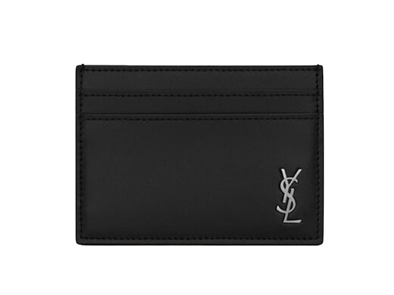 Saint Laurent Tiny Cassandre (5 Card Slot) Card Case Silver Logo Matte Black