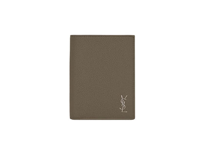 Saint Laurent Tiny Cassandre Credit Card Wallet in Grained Leather Dark Khaki