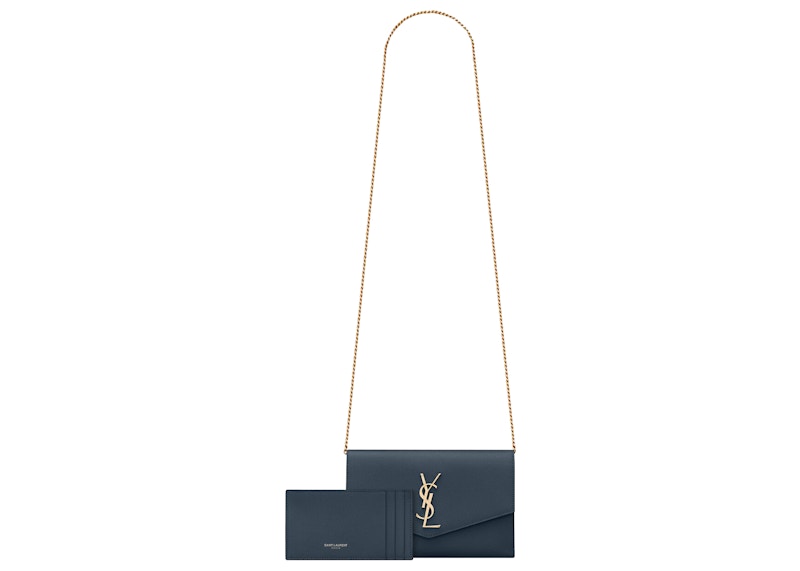 Saint Laurent Uptown Chain Wallet Grain De Poudre Charron Blue