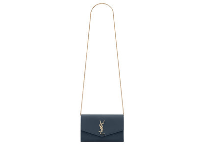 Saint Laurent Uptown Chain Wallet Grain De Poudre Charron Blue