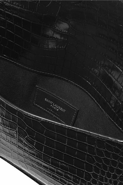 Saint Laurent Uptown Pouch Shiny Crocodile-Look Leather Black