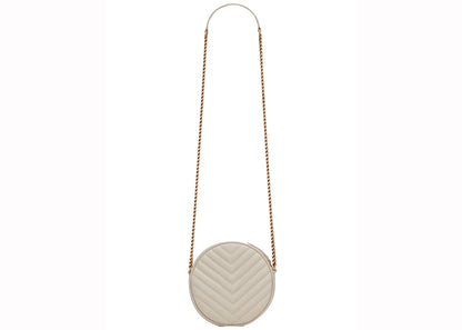 Saint Laurent Vinyle Round Camera Bag Chevron Quilted Grain de Poudre Blanc Vintage