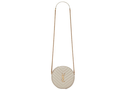 Saint Laurent Vinyle Round Camera Bag Chevron Quilted Grain de Poudre Blanc Vintage