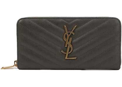 Saint Laurent Zip Around Wallet Large Monogram Grain De Poudre Pebble Grey
