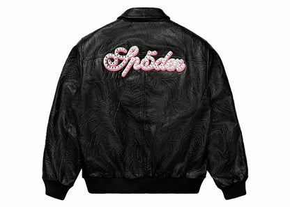 Sp5der Debossed Web Leather Jacket Black