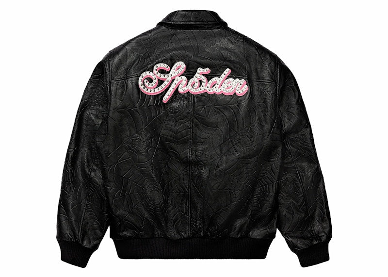 Sp5der Debossed Web Leather Jacket Black