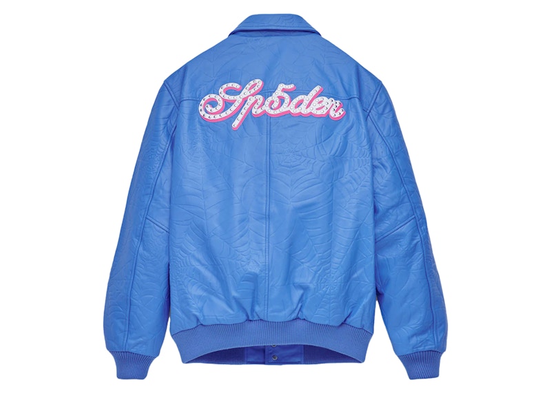 Sp5der Debossed Web Leather Jacket Blue