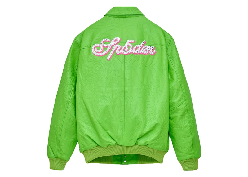 Sp5der Debossed Web Leather Jacket Green