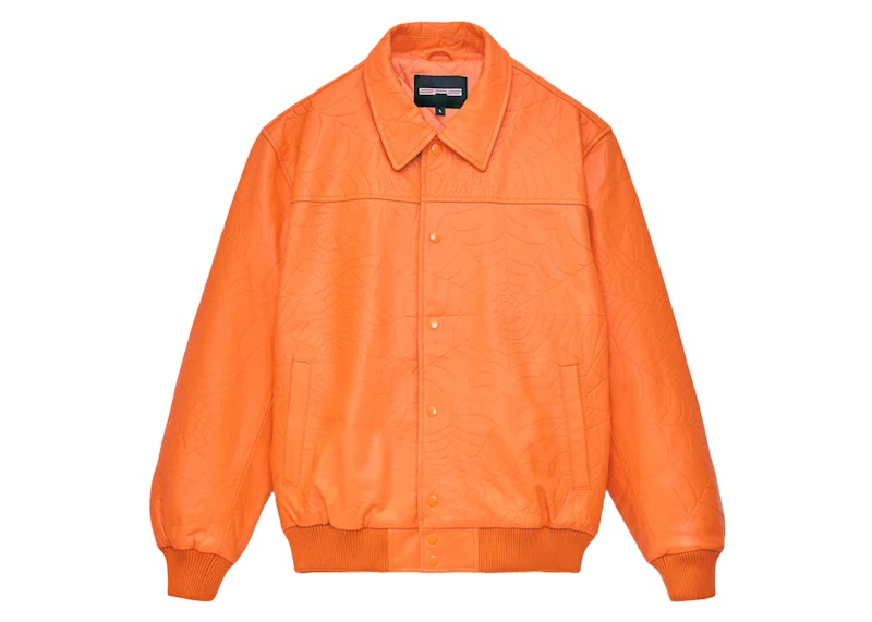 Sp5der Debossed Web Leather Jacket Orange