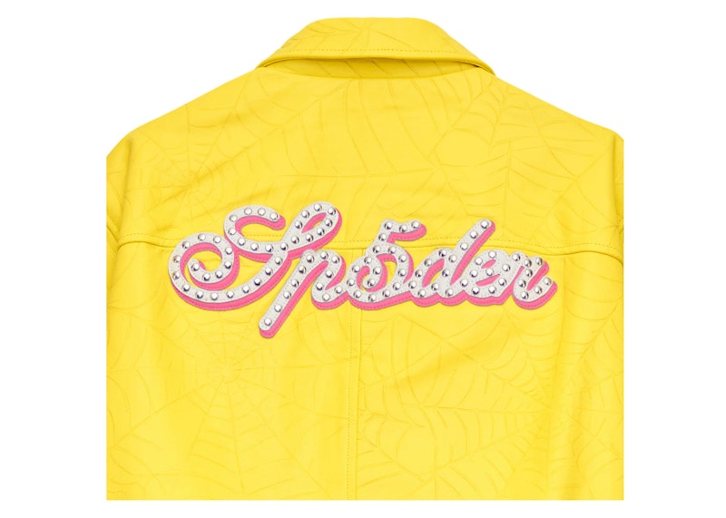 Sp5der Debossed Web Leather Jacket Yellow