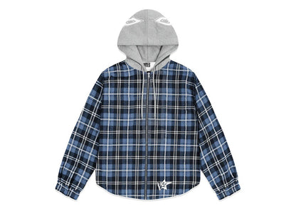 Sp5der Hooded Zip Flannel Shirt Jacket Blue Plaid