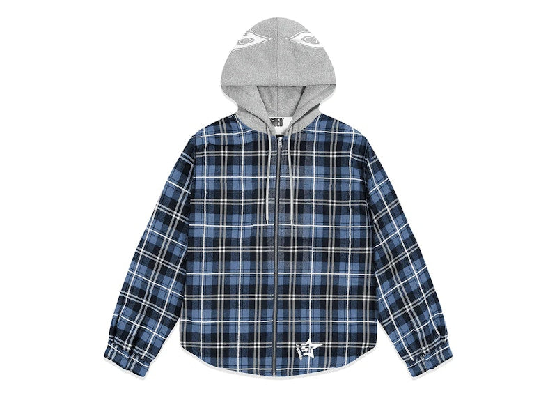 Sp5der Hooded Zip Flannel Shirt Jacket Blue Plaid