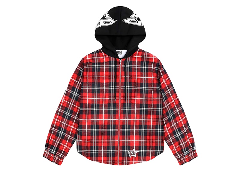 Sp5der Hooded Zip Flannel Shirt Jacket Red Plaid
