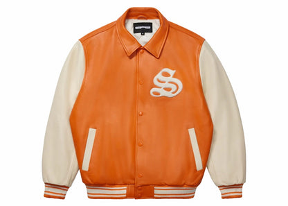 Sp5der Leather Varsity Jacket Orange