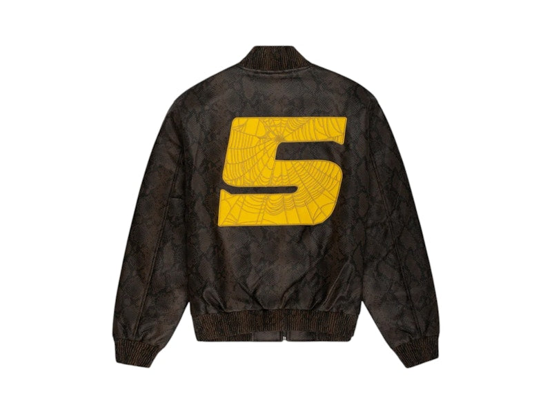 Sp5der Snake Leather Varsity Bomber Jacket Brown