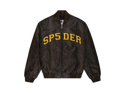 Sp5der Snake Leather Varsity Bomber Jacket Brown