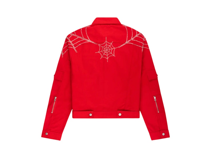 Sp5der Web Denim Cropped Trucker Jacket Red