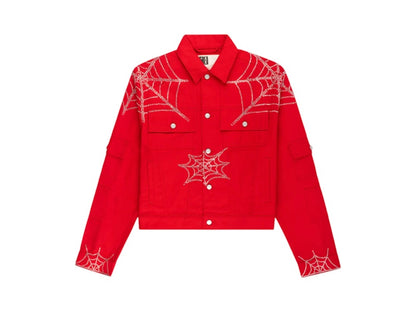 Sp5der Web Denim Cropped Trucker Jacket Red