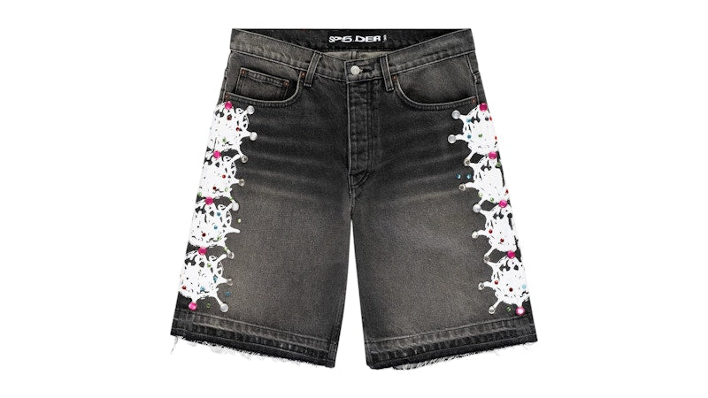 Sp5der Web Stone Denim Shorts Black Wash