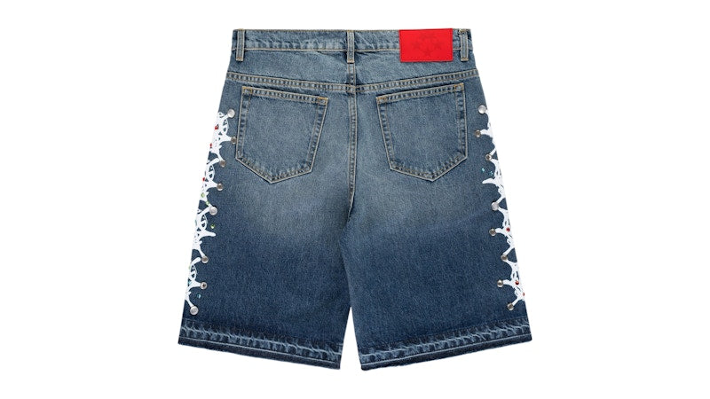 Sp5der Web Stone Denim Shorts Light Blue Wash