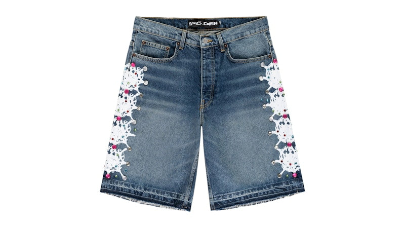 Sp5der Web Stone Denim Shorts Light Blue Wash
