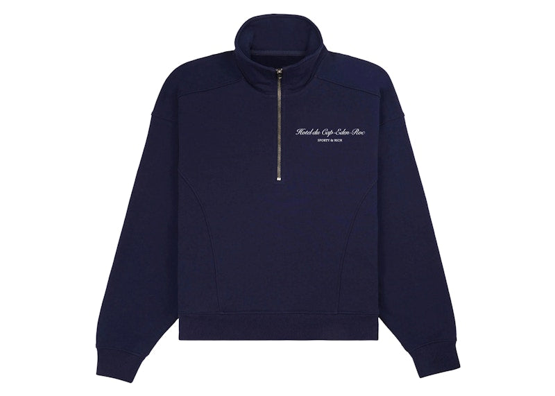 Sporty & Rich Hotel du Cap Cursive Quarter Zip Navy/White