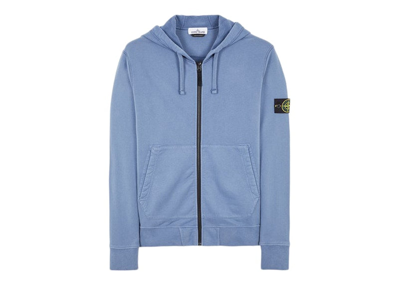 Stone Island 64220 Brushed Cotton Fleece Zip Up Hooded Sweatshirt Avio Blue