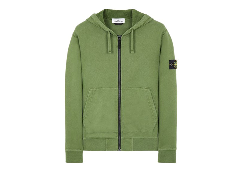 Stone Island 64220 Brushed Cotton Fleece Zip Up Hooded Sweatshirt Olive Green
