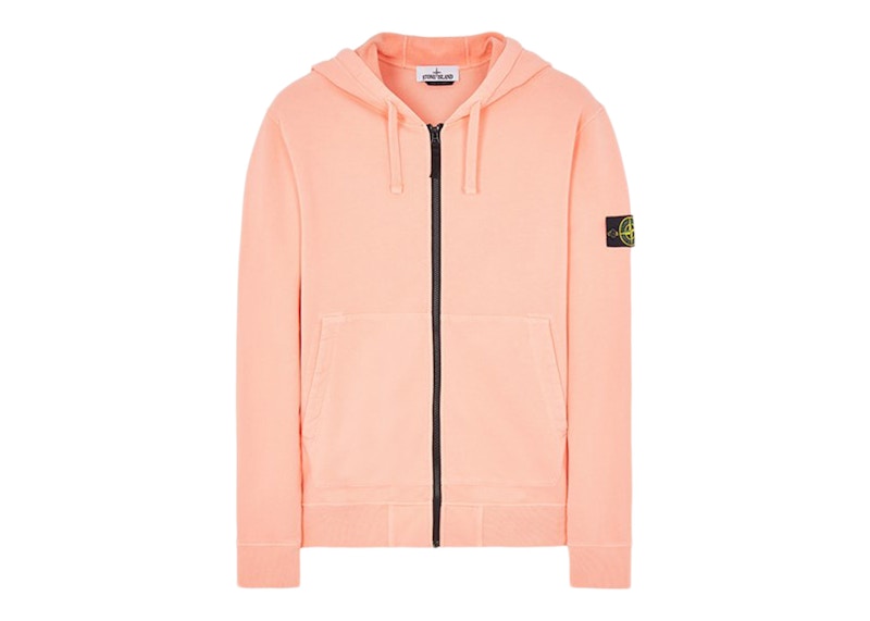 Stone Island 64220 Brushed Cotton Fleece Zip Up Hooded Sweatshirt Peach