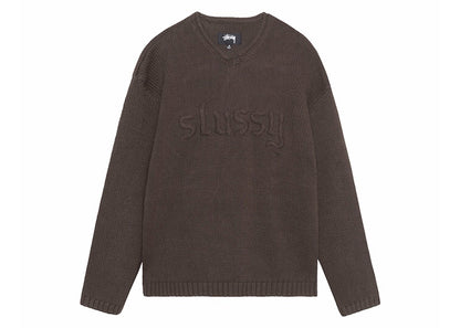 Stussy Embroidered V-Neck Logo Sweater Brown