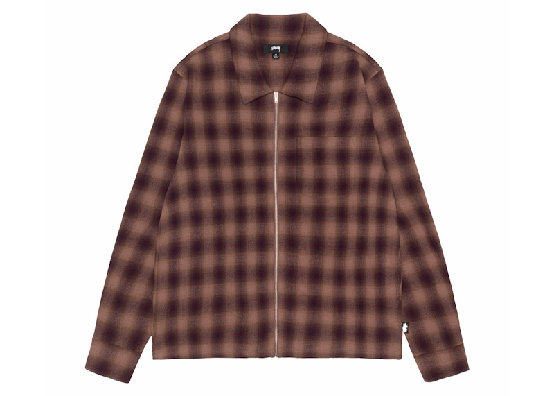 Stussy Plaid Twisted Yarn Zip Shirt Brown