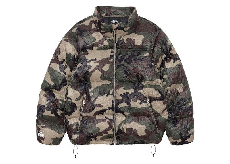 Stussy Wrinkled Nylon Down Puffer Jacket Woodland Camo