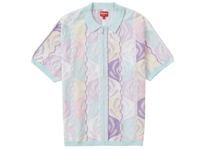 Supreme Abstract Textured Zip Up Polo Pale Blue