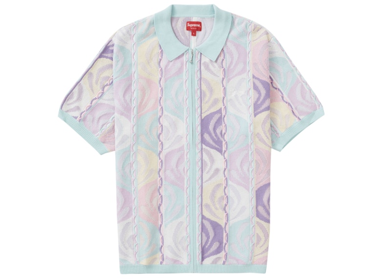 Supreme Abstract Textured Zip Up Polo Pale Blue