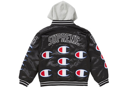 Supreme Champion Hooded Satin Varsity Jacket Black