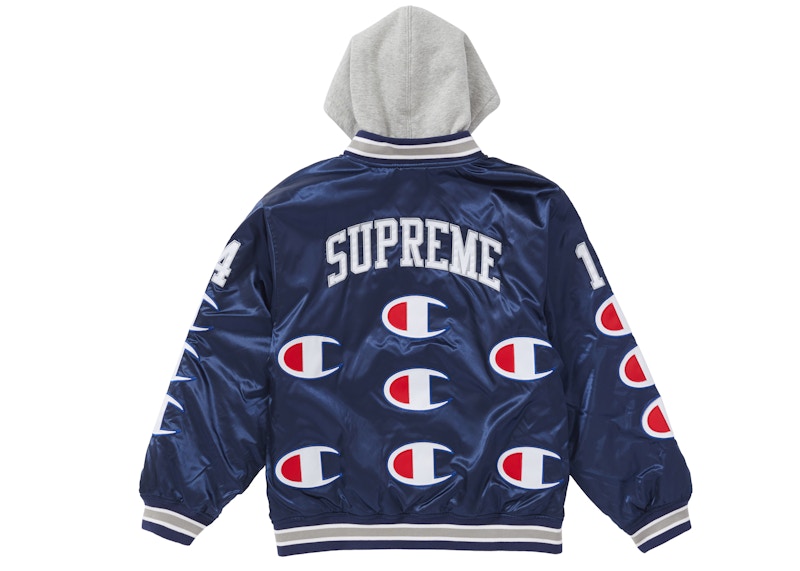 Supreme Champion Hooded Satin Varsity Jacket Navy