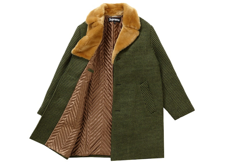 Supreme Fur Collar Car Coat Green Houndstooth