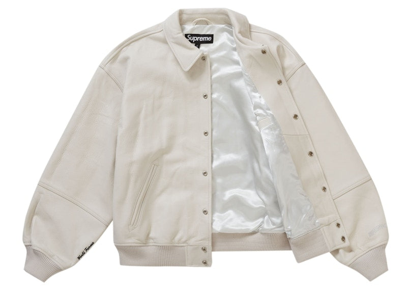 Supreme GORE-TEX Infinium WINDSTOPPER Leather Varsity Jacket White
