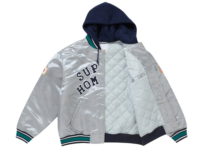 Supreme Homerun Satin Hooded Varsity Jacket Silver