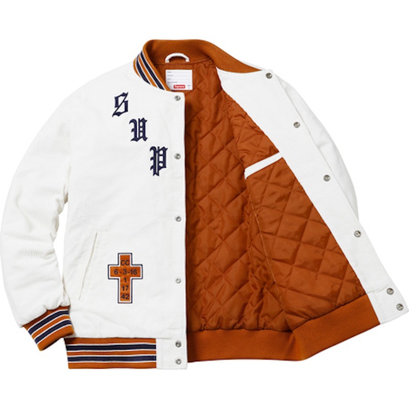 Supreme Old English Corduroy Varsity Jacket White