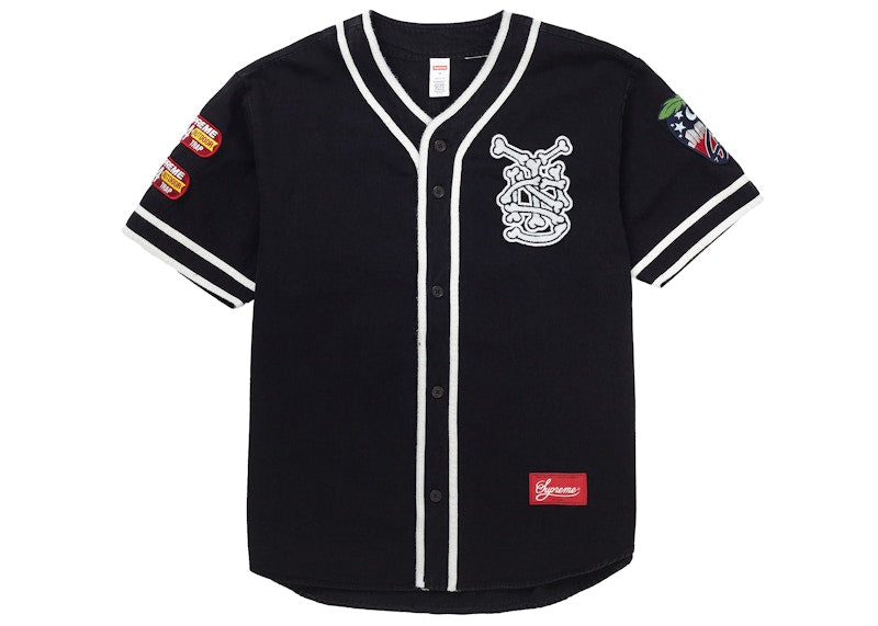 Supreme Patches Denim Baseball Jersey Black