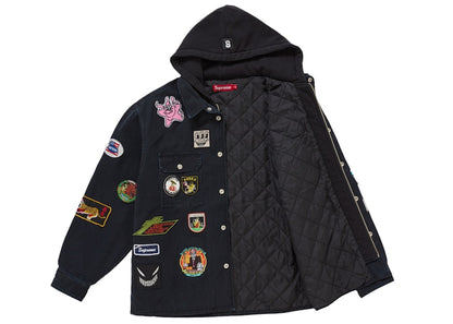 Supreme Patches Hooded Zip Up Shirt Black