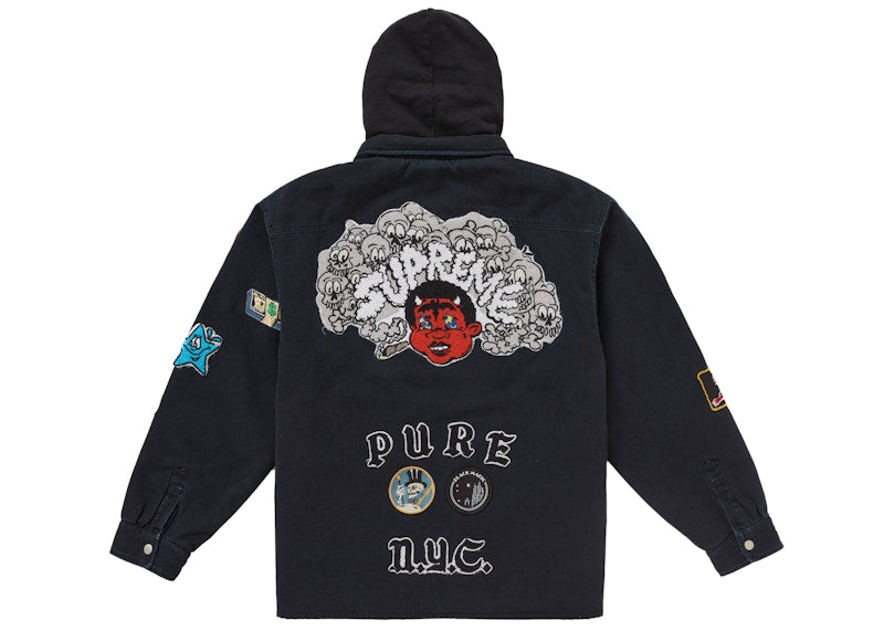 Supreme Patches Hooded Zip Up Shirt Black