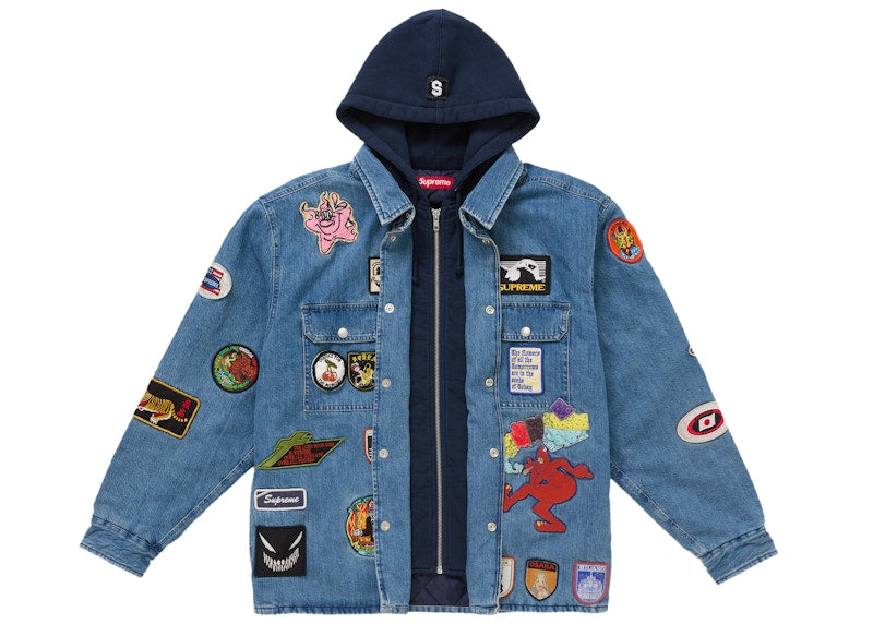 Supreme Patches Hooded Zip Up Shirt Denim