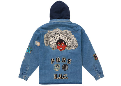Supreme Patches Hooded Zip Up Shirt Denim