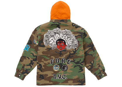 Supreme Patches Hooded Zip Up Shirt Woodland Camo