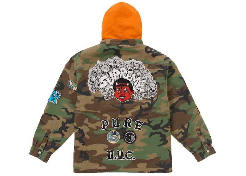 Supreme Patches Hooded Zip Up Shirt Woodland Camo