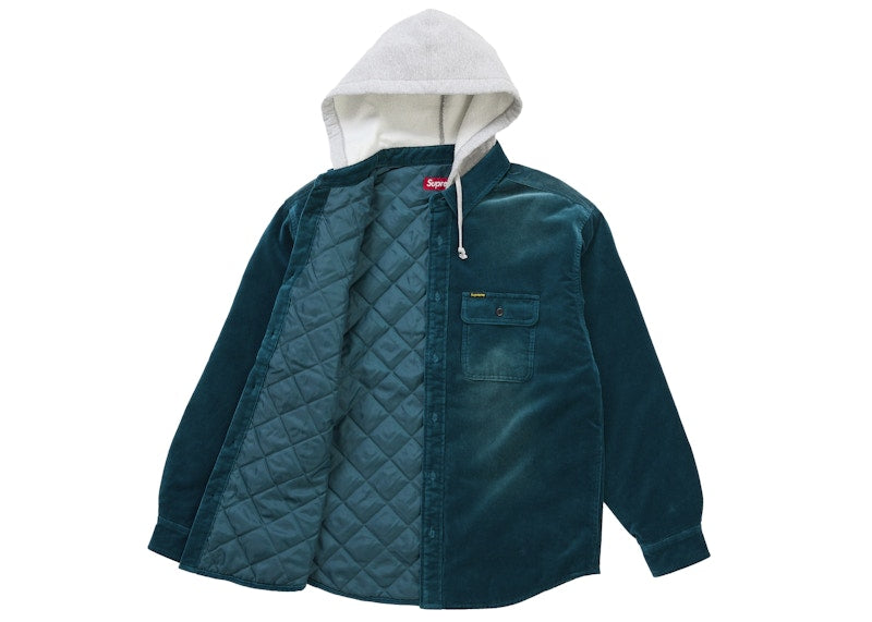 Supreme Quilted Lined Hooded Velvet Shirt Teal